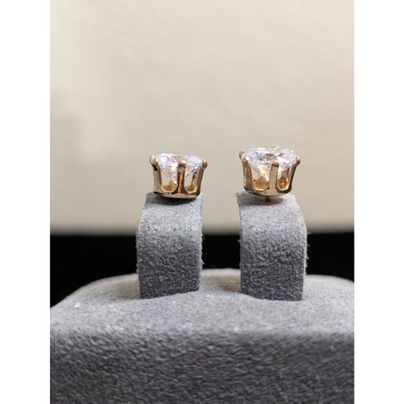 Gold Tone Six Prong Large CZ Post Stud Earrings - Picture 5 of 8